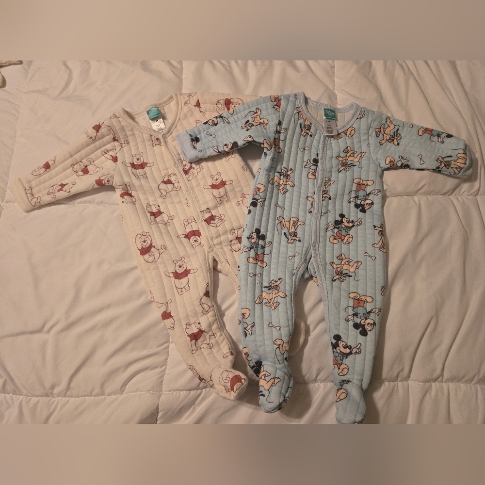Disney Plush Footed One-Pieces in Blue & Cream with Mickey and Pooh